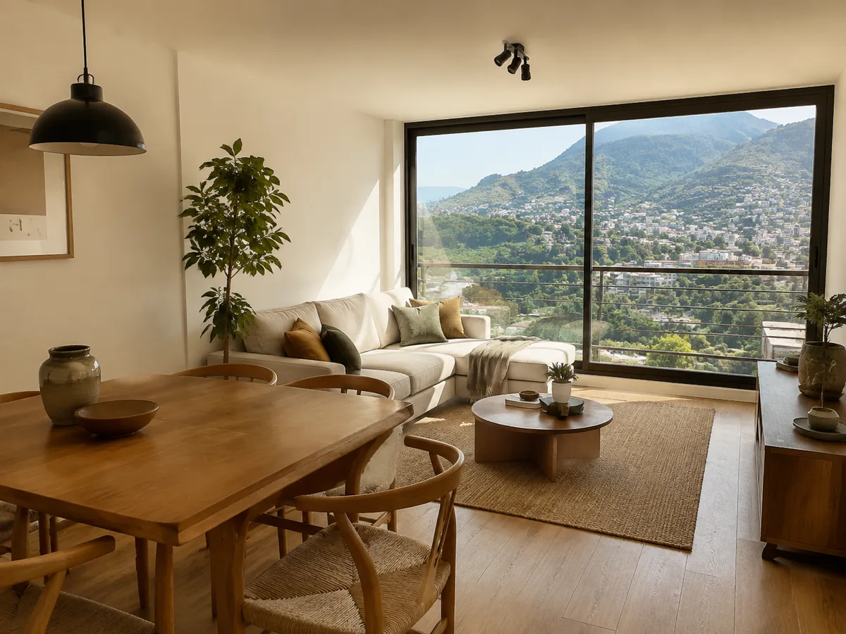Departamento ficticio con sala luminosa y vista a montañas. Imagen de ejemplo.